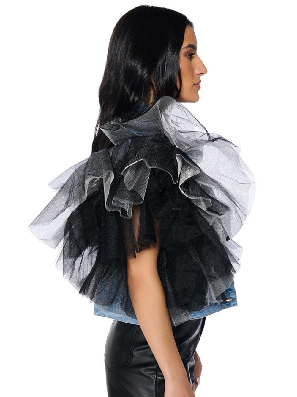 AKIRA Blue Denim Jean Jacket with Black Tulle Ruffled Sleeves - Picture 6 of 11